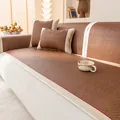 Coffee brown rattan sofa mat with cream fabric edges and red piping for summer cooling - 60*60cm / Coffee