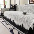 Black and white forest silhouette sofa cover with fringe and floral pillow accent - 180x130cm / Black