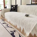 Beige anti-scratch sofa cover with brown forest tree patterns and fringe details - 180x130cm / Brown