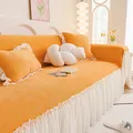 Housse de canapé en velours côtelé jaune avec dentelle blanche et taies d'oreiller - 180x130cm / Orange