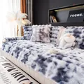 Pluche bankhoes van imitatievossenbont in grijs-wit verloop met decoratief bloemkussen - Bankkussen (Tie-dye bellenstructuur) / 70*70cm / Donkerblauw