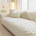 Plush white jacquard sofa cover set with geometric diamond pattern and matching cushions - 70x70cm / White