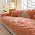 Plush peach jacquard sofa cover set with geometric diamond pattern and matching pillows - 70x70cm / Red