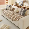 Thick plush beige and brown striped checkered sofa cushion with decorative pillows - 90x90cm / Brown