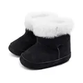 Detailed view of baby winter boots with black suede fabric and fluffy white faux fur collar - 11cm (0-6 Months) / Black