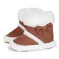 Detail van babysneeuwlaarzen met witte voering van imitatiebont en een schattige strik - 11cm (0-6 Maanden) / Bruin