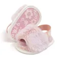 Detail of pink plush baby slippers showing non-slip soft sole and heart elastic strap - 11cm (0-6 Months) / Light Pink
