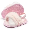 Detail of pink plush baby slippers featuring fluffy texture and floral anti-slip sole - 11cm (0-6 Months) / Pink
