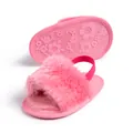 Detail of pink plush baby slippers with non-slip flower pattern soles and elastic straps - 11cm (0-6 Months) / Pink
