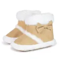 Camel babyschoentjes met witte imitatiebontrand en schattige strik voor peuters - 11cm (0-6 Maanden) / Khaki