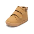 Detailed side view of mustard yellow PU leather toddler shoes with double velcro closure - Size 2 / Khaki (Hook-and-loop)