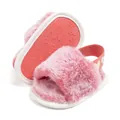 Pink fluffy baby slippers with elastic heel strap and floral anti-slip sole for toddlers - 11cm (0-6 Months) / Rose Red