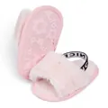Pink plush baby slippers with non-slip flower pattern sole and elastic NICE heel strap - 11cm (0-6 Months) / Pink