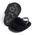 Fuzzy black baby slide slippers with elastic backstrap and floral pattern insole - 11cm (0-6 Months) / Black