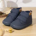 Kids navy blue high-top sneakers with dual velcro straps and brown leather accent - Size 2 / Blue (Hook-and-loop)
