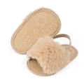 Light khaki baby faux fur sandals with non-slip flower patterned sole and elastic strap - 11cm (0-6 Months) / Apricot