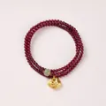 Three-wrap garnet beaded bracelet with jade bead and golden Ruyi lock charm pendant - Qingshui Hetian Jade & Lucky Lock Style / 3mm Bead Diameter / Triple-Wrap / Burgundy