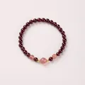 Natural red garnet beaded bracelet with pink crystal beads and golden metal spacers - Strawberry Quartz Accented Style / 5mm Bead Diameter / Single-Wrap / Burgundy