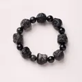 Natuurlijke obsidiaan armband met gladde kralen en fijn gesneden zilveren leeuwenkoppen - Heren Leeuwendans Armband / Zwart