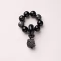 Natuurlijke obsidiaan kralenarmband met gedetailleerde zilveren obsidiaan leeuwenkop hanger - Leeuwendans Vingerkrans / Zwart