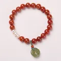 Red agate bracelet with white pearls and green jade peace buckle charm in retro style - 8MM Red Agate with Nephrite Fox Pendant