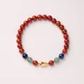 Natural red agate bracelet with gold Pixiu charm and green jade beads in ethnic style - 6MM Red Agate with Pixiu Kyanite Chalcedony