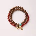 Double wrap carnelian and wood bead bracelet with a gold heart and luck charm - 6MM Red Agate Agarwood Peace Double Loop