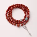 Multi-layer red agate bead bracelet with blue accent bead and silver leaf pendant charm - 6MM Red Agate Triple Loop Wheat Ear