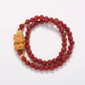 Double wrap natural red agate bead bracelet with intricately carved wood Buddha pendant - 6MM Red Agate Double Loop Tara Deity