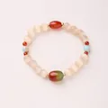 Minimalist cat eye stone bead bracelet with white round beads and red green oval charm - Pink Orange Cat's Eye Red & Peacock Agate (8mm)