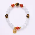 Cat eye bead bracelet with red agate, tiger eye stones and golden Fu pendant - White Cat's Eye Tiger Eye Hexagon Blessing