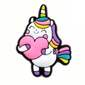 Close-up of cute white cartoon unicorn PVC shoe charm with pink heart and rainbow mane - Unicorn Holding Heart Style (8)