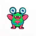 Close-up of cute green monster shoe charm with pink heart and wings for DIY garden clogs - Green Sprite Holding Heart (15)