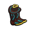 Brown cowboy boot shoe charm with yellow hat and blue details for garden clogs - Cowboy Boot and Hat