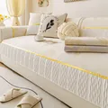 Funda de sofá de chenilla de lujo en beige con patrones de hojas doradas y volantes - Estilo Cuadrado Pequeño / Hoja de Níspero-Beige