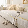 Funda de sofá de chenilla blanco roto con bordado floral y ribetes dorados - Estilo Cuadrado Pequeño / Loto Dorado-Gris