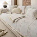 Copridivano spesso in velluto crema con trama jacquard floreale e bordi con nappe - 70cmx70cm / Bianco Sporco