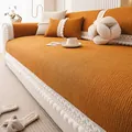 Copridivano in ciniglia arancione con texture a righe e bordi a pompon bianchi - Arancione / 70*70cm