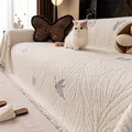 Copridivano in ciniglia bianco crema con motivi a farfalla grigi e bordo a frange - Piccolo Rettangolare / Beige