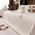 Copridivano francese bianco crema con ricamo a farfalla e rifiniture a frange chic - Piccolo Rettangolare / Bianco Sporco
