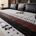 Cuscino moderno per divano in ciniglia con motivo a scacchi bianco nero e bordo in pelle - 70x70cm / Bianco Griglia Stella