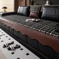 Copridivano moderno in ciniglia con motivo a scacchi bianco e nero e bordo in pelle - 70x70cm / Nero Griglia Stella