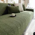 Thick leaf-patterned chenille sofa cover in vintage olive green and cream white - Green