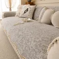 Cojín de sofá de chenilla gris y blanco con bordes de borlas de pompones crema - 70*70cm / Gris claro