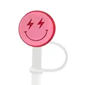 Pink silicone straw cover featuring a red smiley face with lightning eyes for Stanley cups - Red Smile Style (1)