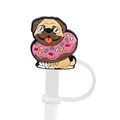 Pink donut pug straw cover cap for 8-10mm Stanley cup, cute silicone dust protector - Pug Donut Style (3)