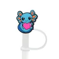 Blue axolotl silicone straw topper holding a pink heart for 8-10mm Stanley straws - Blue Heart Style (1)