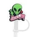 Smiling green alien straw cover with Stay Rad ribbon for 8-10mm Stanley tumbler cups - Alien Style (5)
