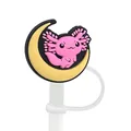 Pink axolotl sitting on a yellow moon silicone straw topper for 8-10mm Stanley cups - Moon Dinosaur Style (5)