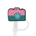 Pink camera-shaped silicone straw cover cap with fixed ring for 8-10mm straws - Camera Style (8)